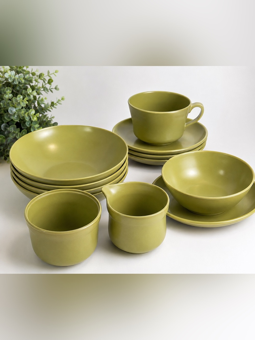 Vintage Avocado Green Melamine Dinnerware, cup, bowls, saucers, plate, creamer